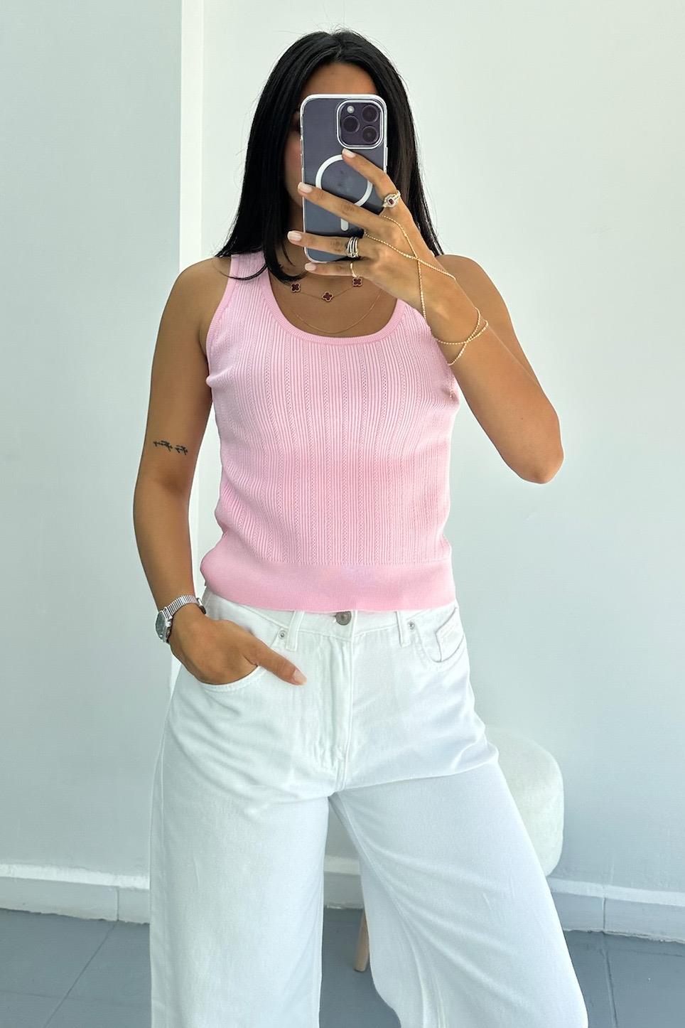 Fitilli Ajurlu Triko Pembe Bluz