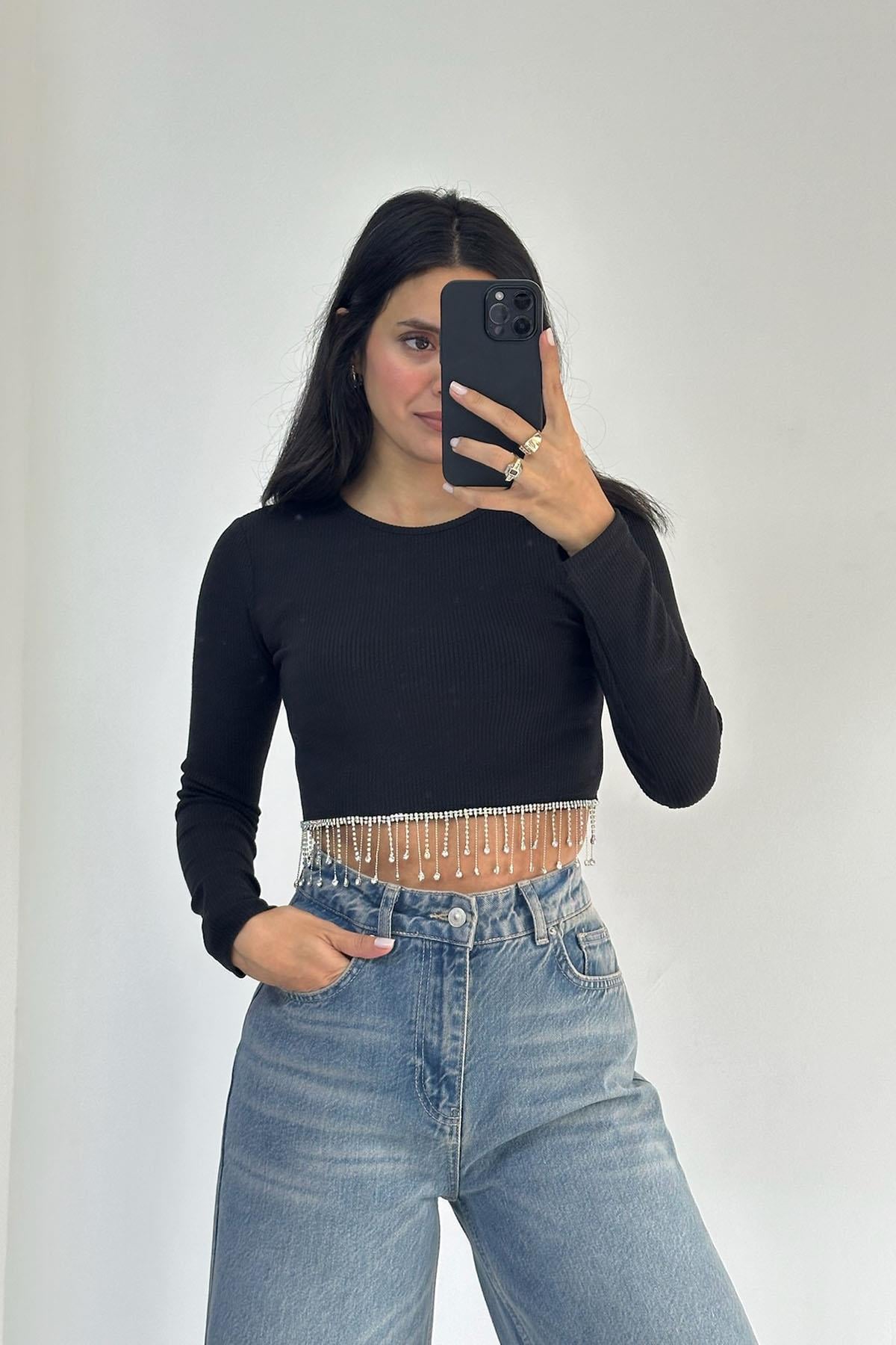 Beli Taşlı Crop Bluz