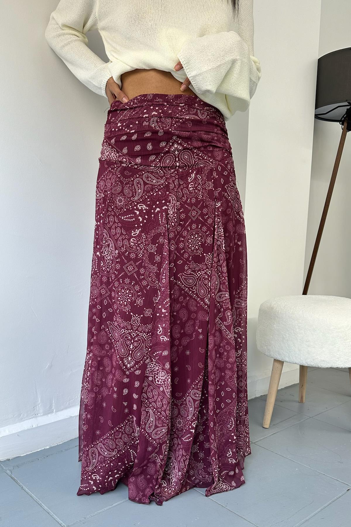 Şal Desen Bordo Uzun Etek