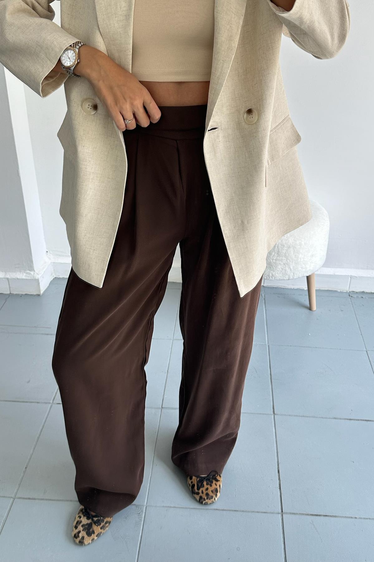 Düğmeli Kahverengi Palazzo Pantolon