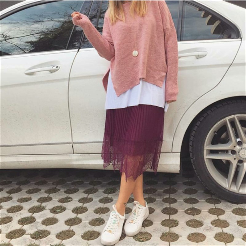 Dantel Garnili Pileli Midi Etek