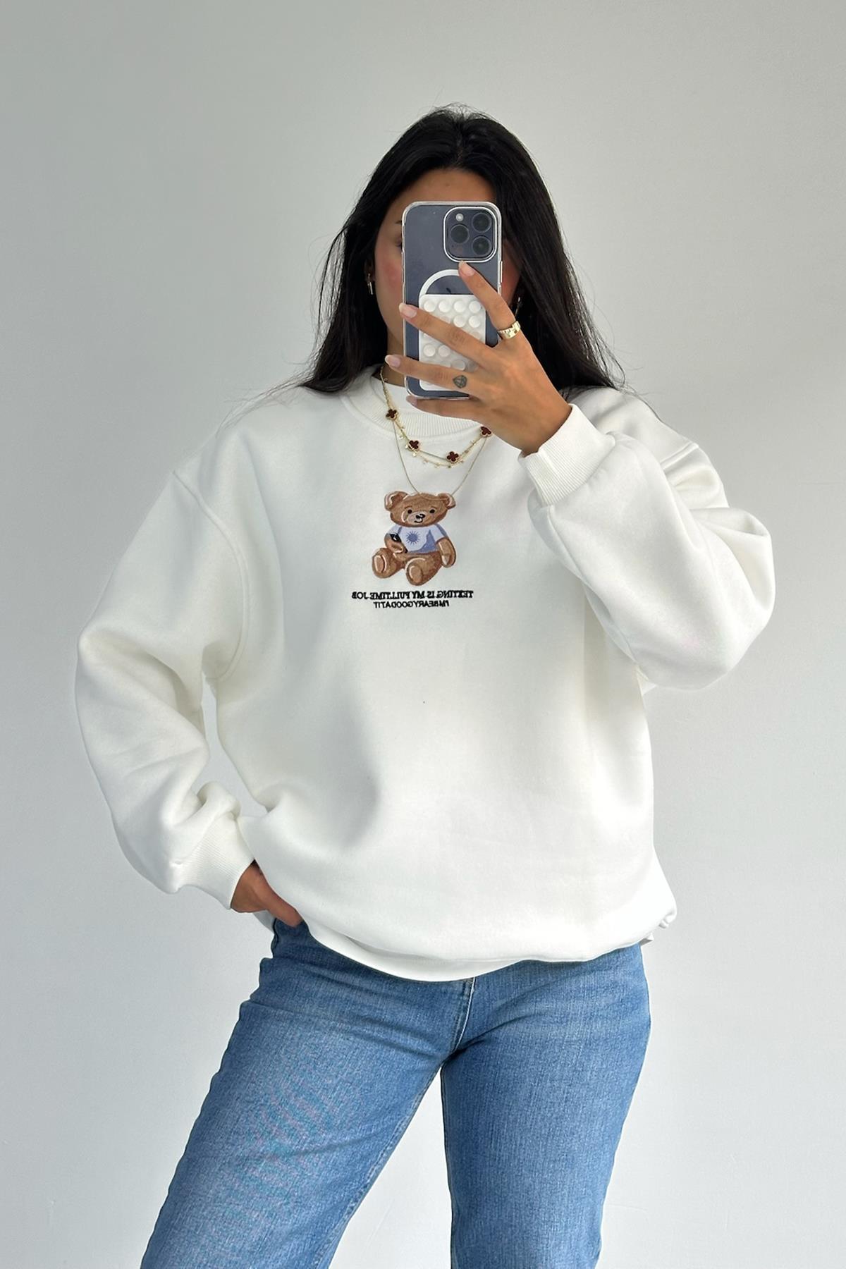Ayıcık Nakışlı Beyaz Sweatshirt