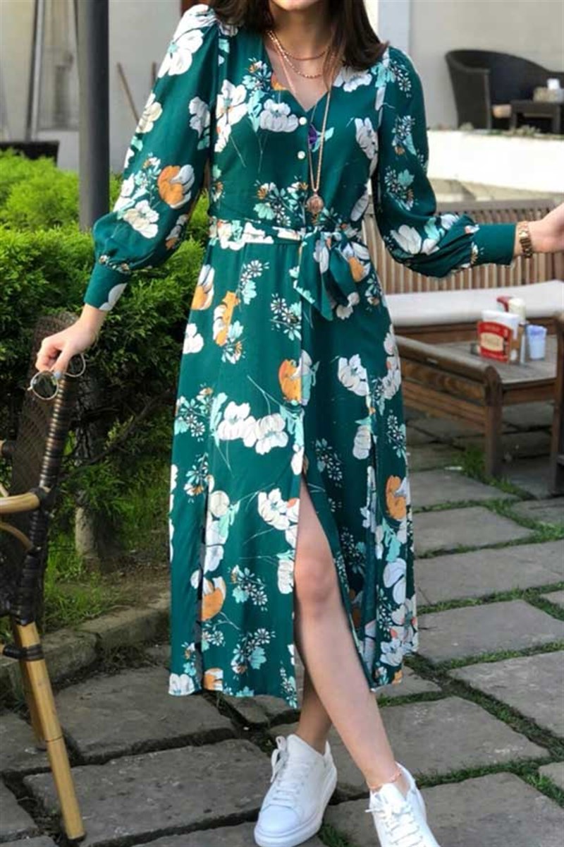 Desenli Kuşaklı Elbise