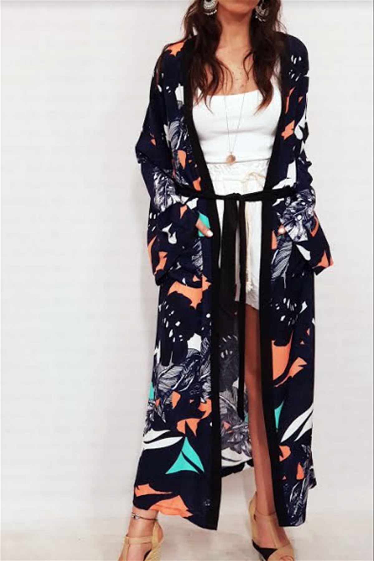 Desenli Kuşaklı Maxi Siyah Kimono