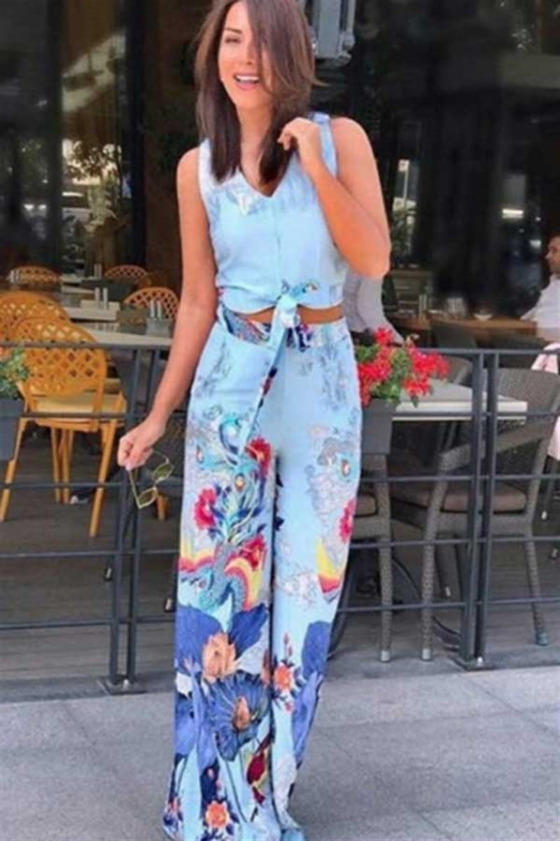 Desenli Pantalon Bağlamalı Bluz Takım