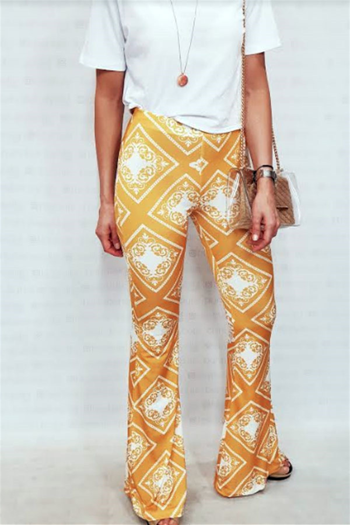 Desenli Sarı İspanyol Pantalon