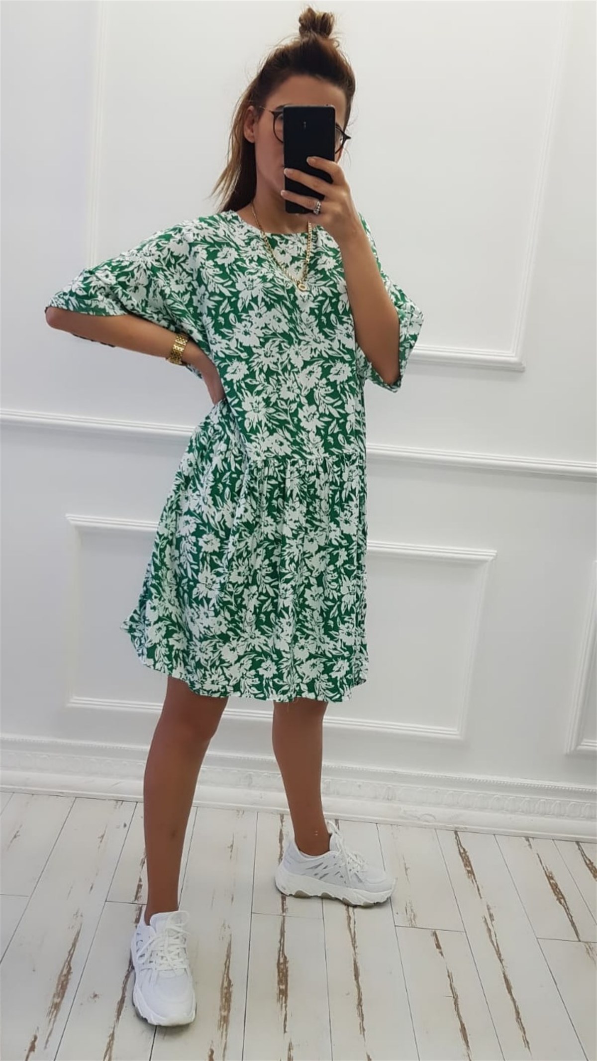 Desenli Yeşil Salaş Elbise