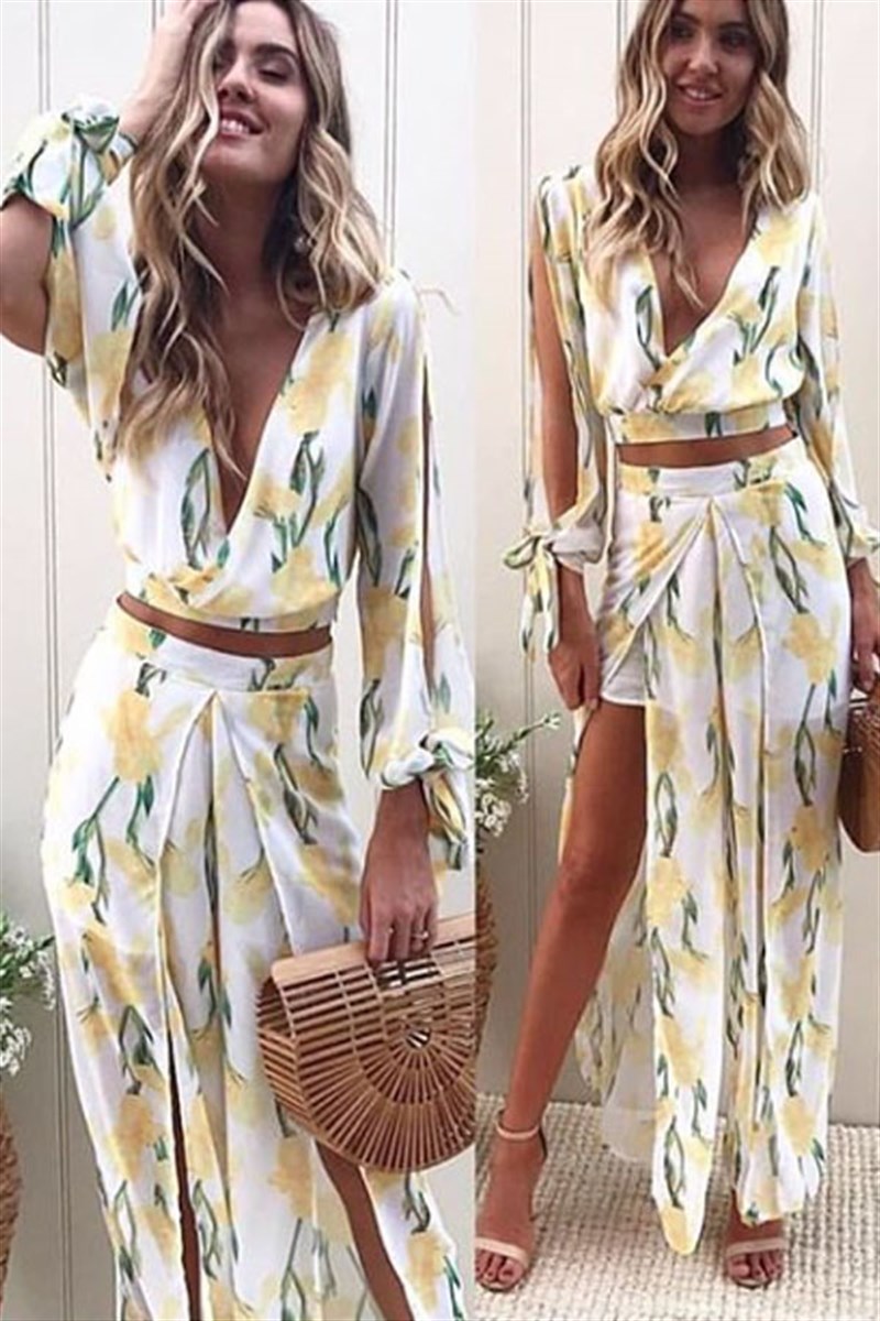 Desenli Yırtmaçlı Bluz Pantalon Takım