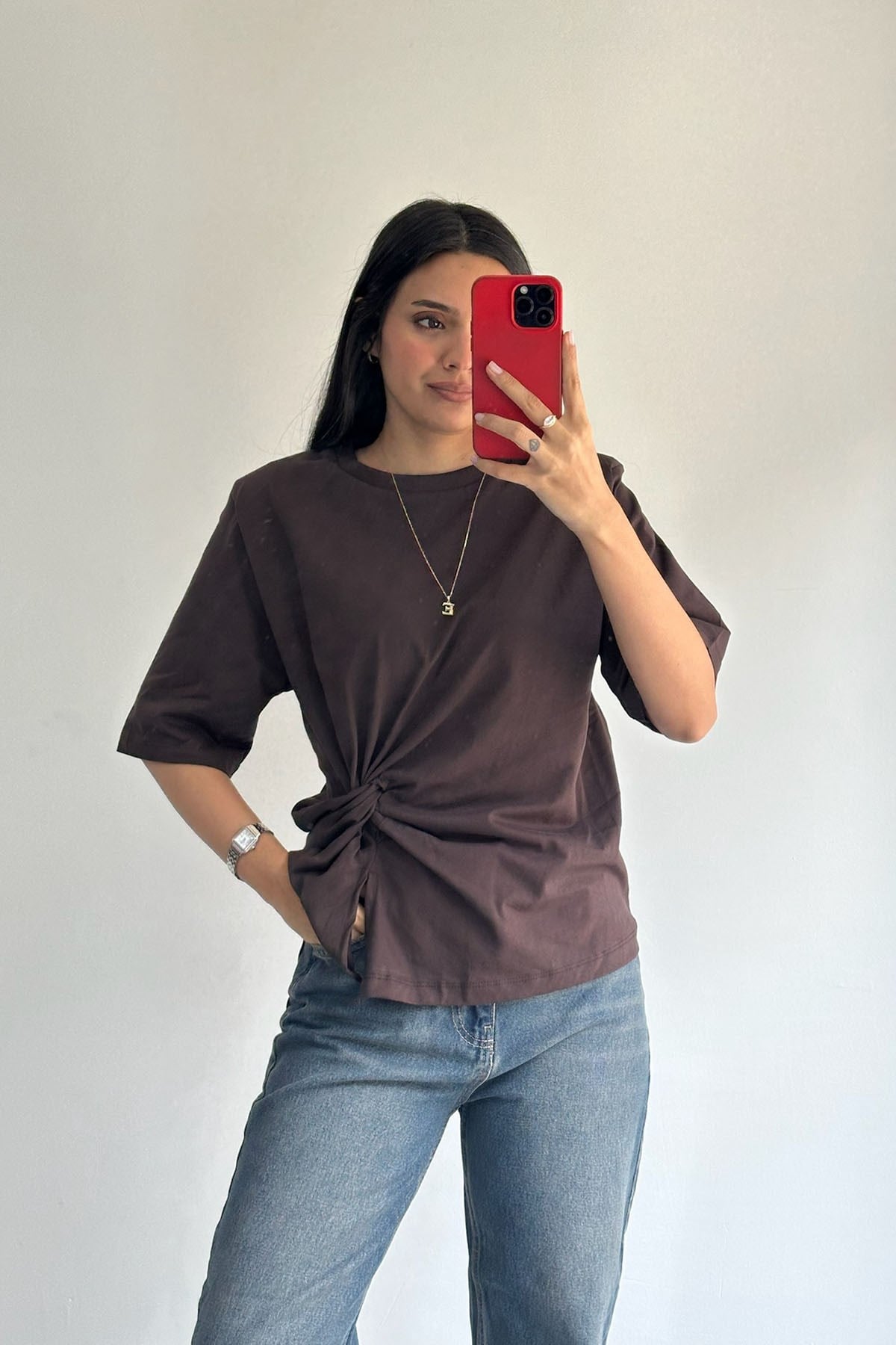 Vatkalı Büzgülü Kahve Tshirt