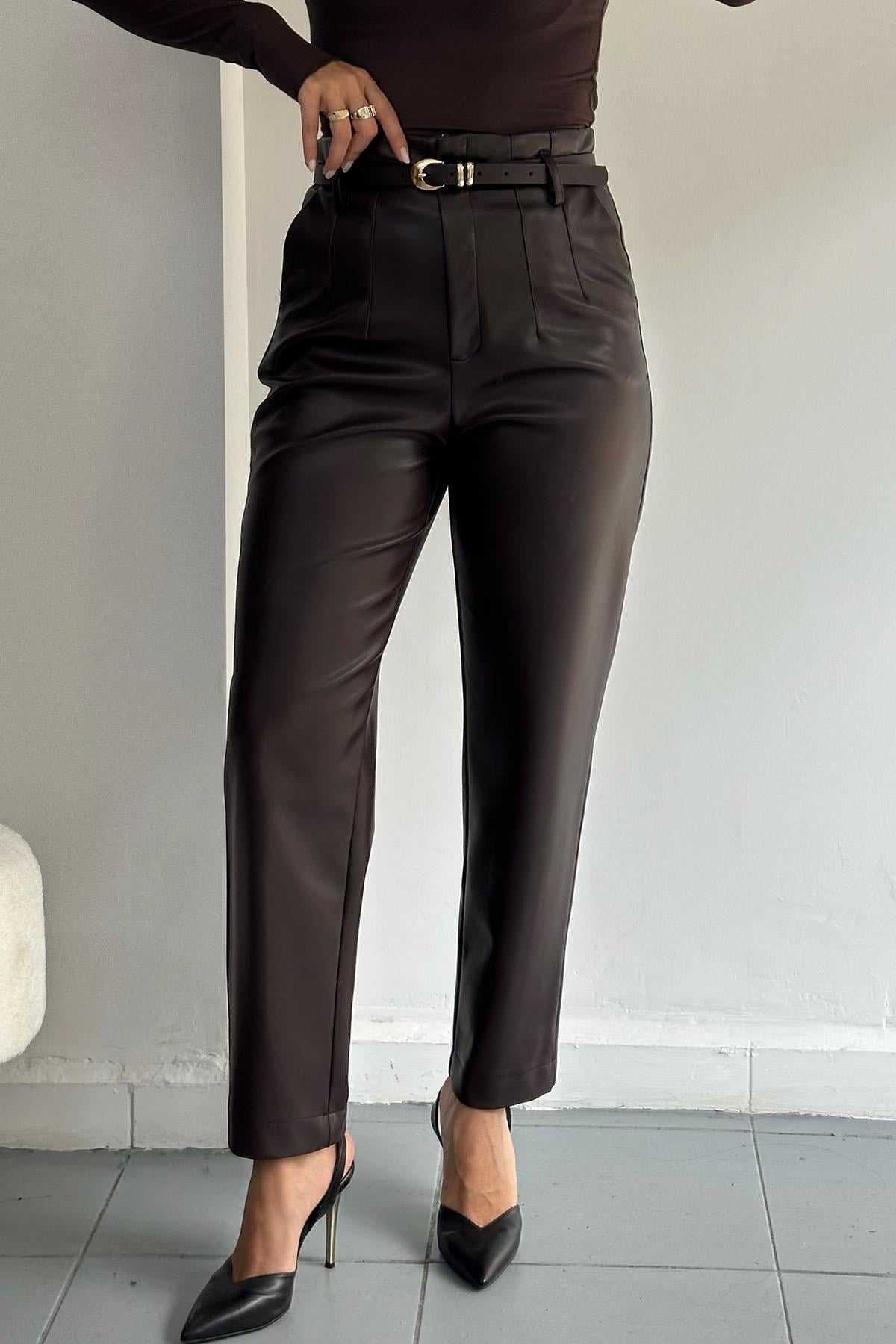 Kemerli Yüksek Bel Deri Kahve Pantolon 