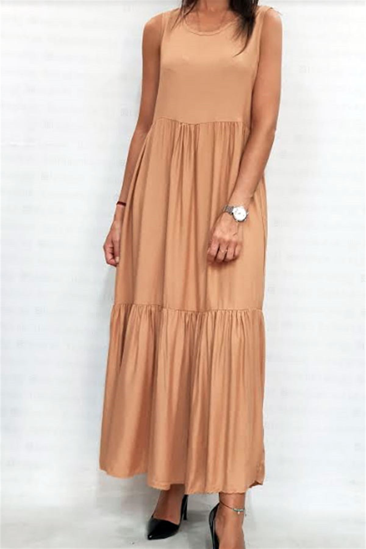 Dikiş Katlı Kolsuz Basic Elbise