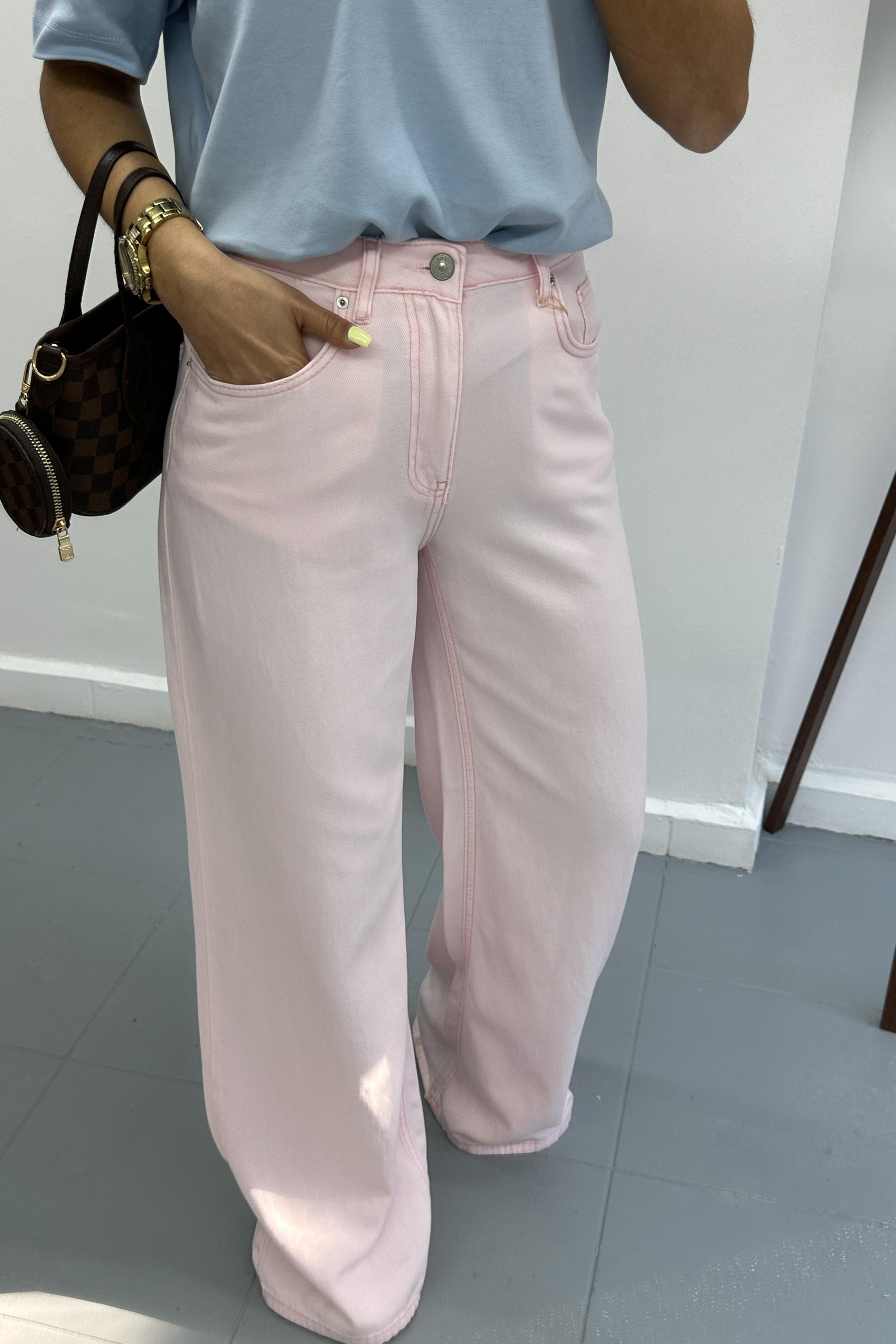 Dökümlü Kumaş Pembe Geniş Pantolon PANTOLON