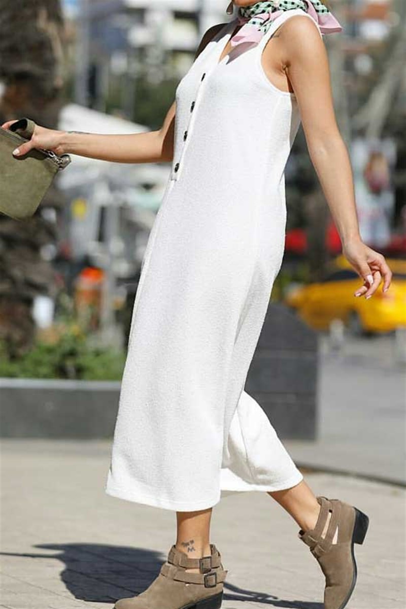 Düğmeli Kaşkorse Midi Elbise