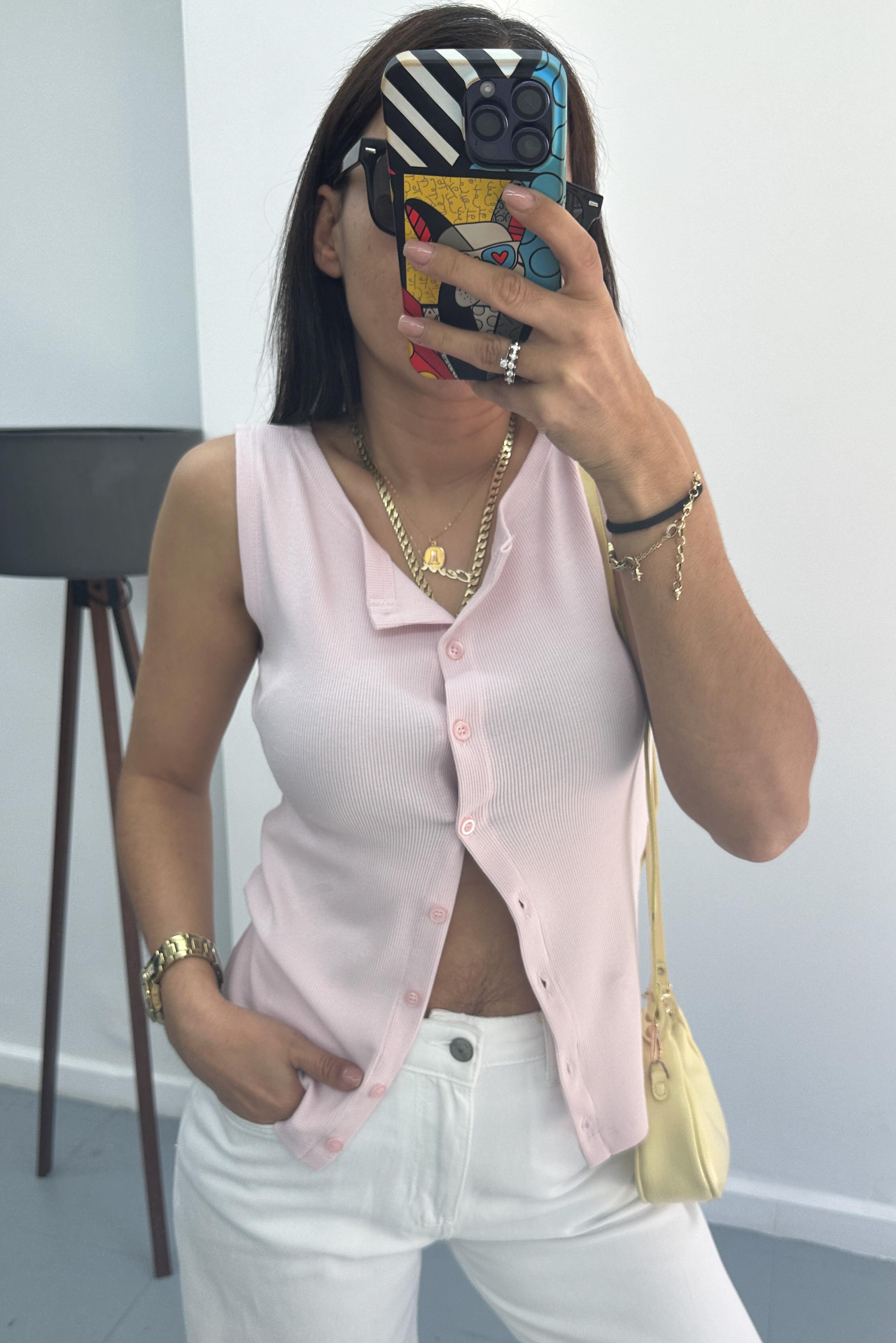 Düğmeli Örme Pembe Yelek YELEK