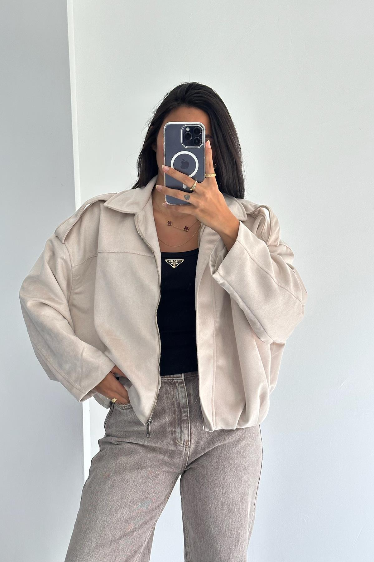 Süet Bej Bomber Ceket