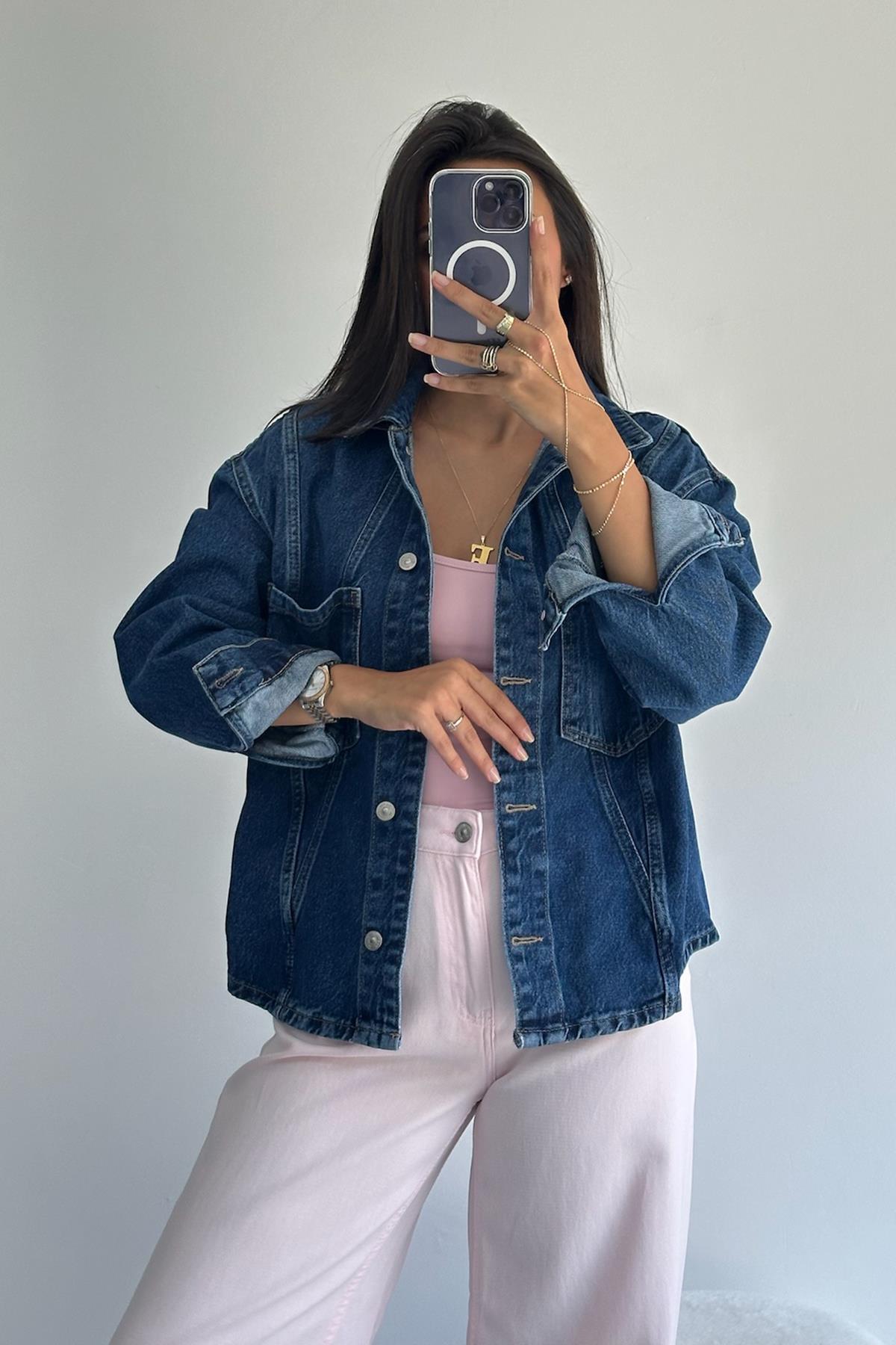 Ön Bölümü Dikişli Oversize Denim  Lacivert Ceket