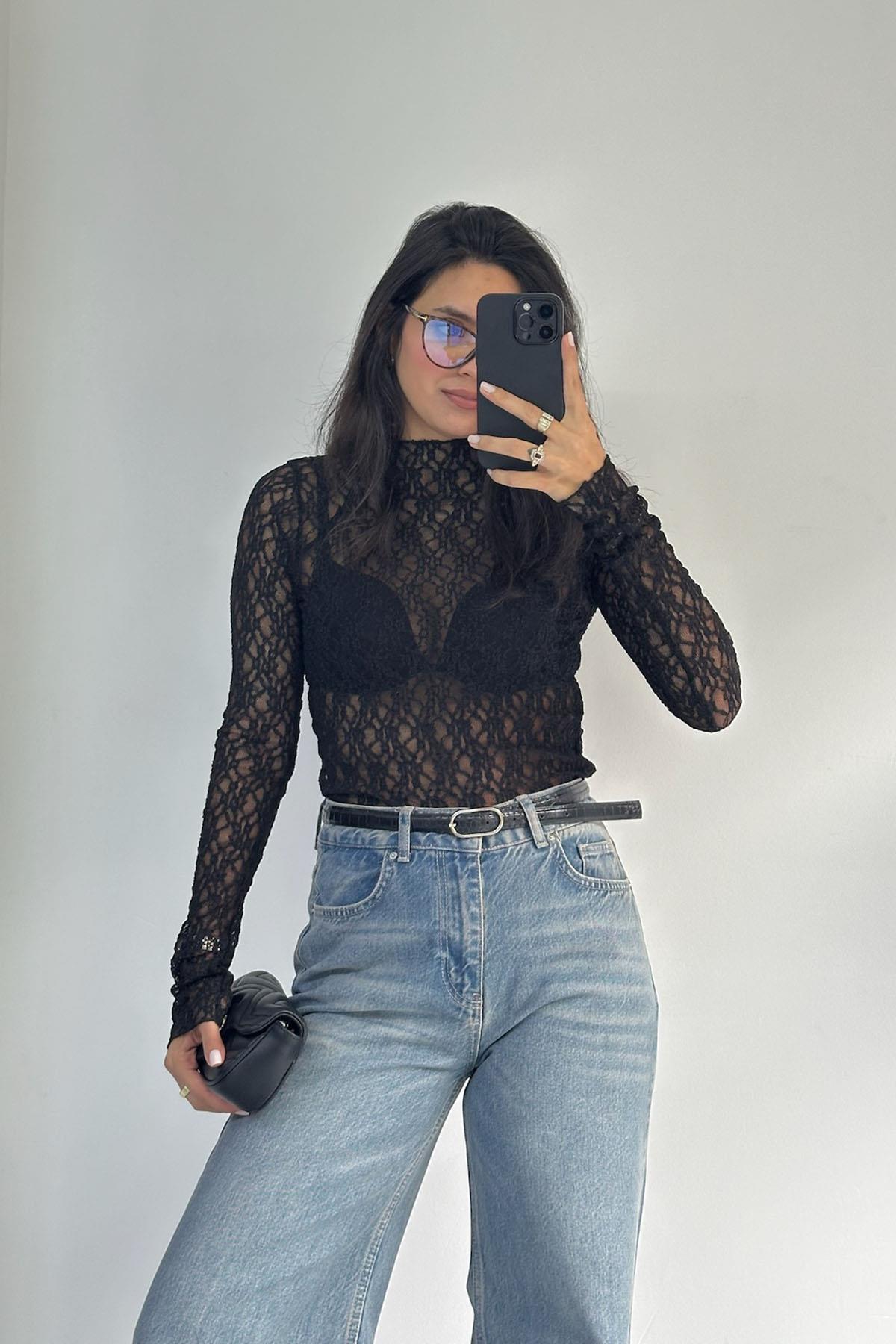 Siyah Dantel Bluz