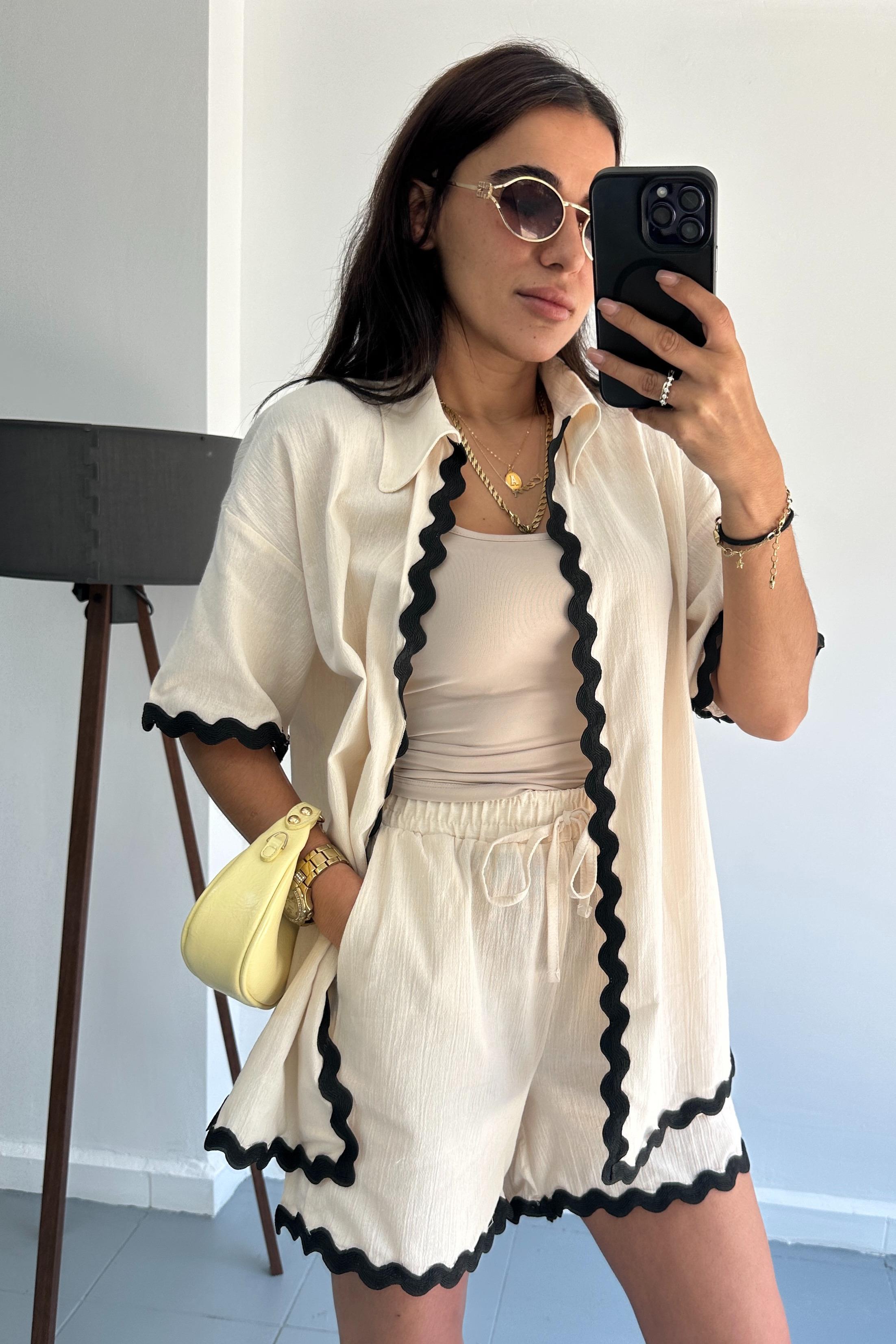 	Su Yolu Taşı Dantel Detay Gömlek Taş Şort Takım