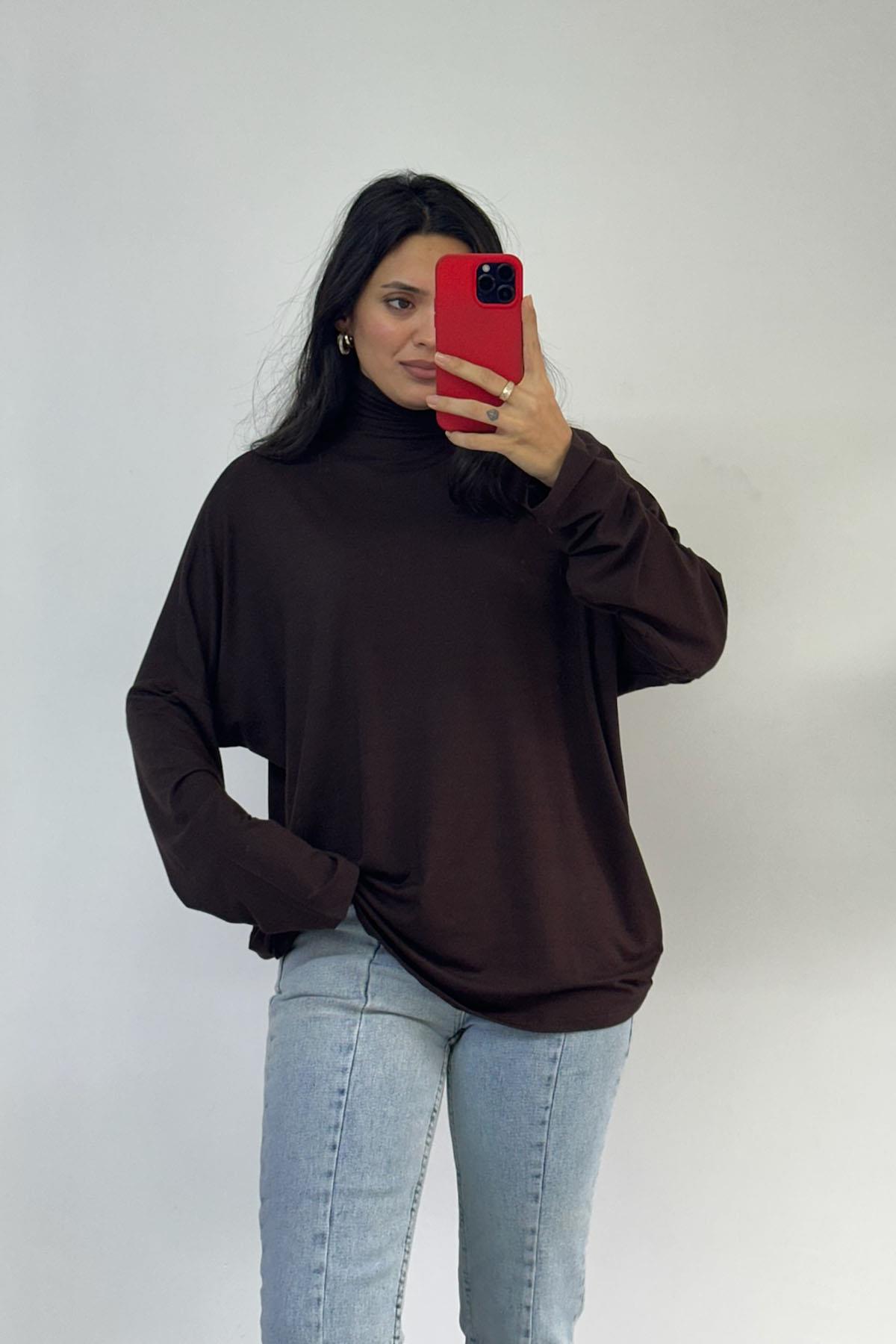 Balıkçı Yaka Kahverengi Dökümlü Bluz