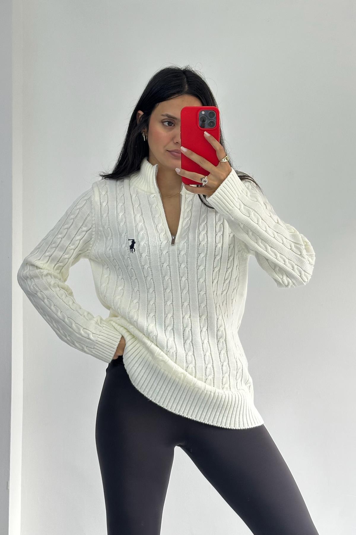 Saç Örgü Yarım Fermuarlı Ekru Kazak