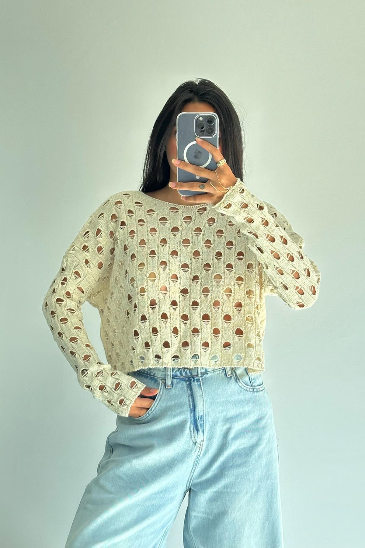 Simli Krem Ajur Triko Bluz