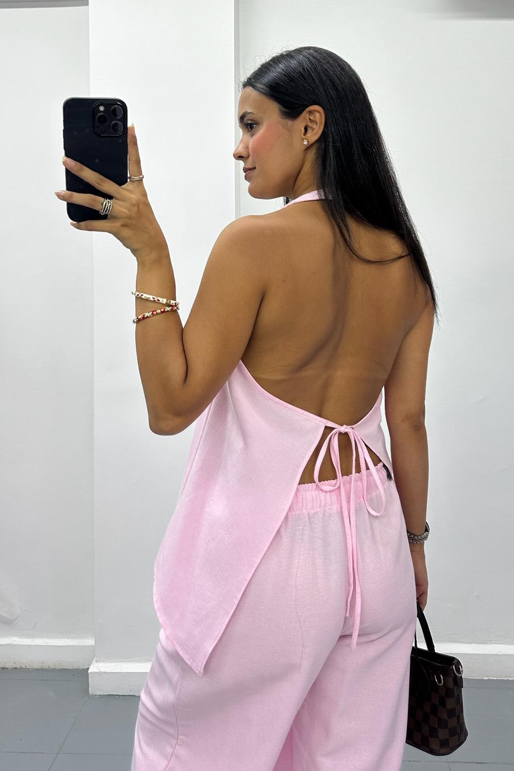 Sırt Detaylı Keten Pembe Takım