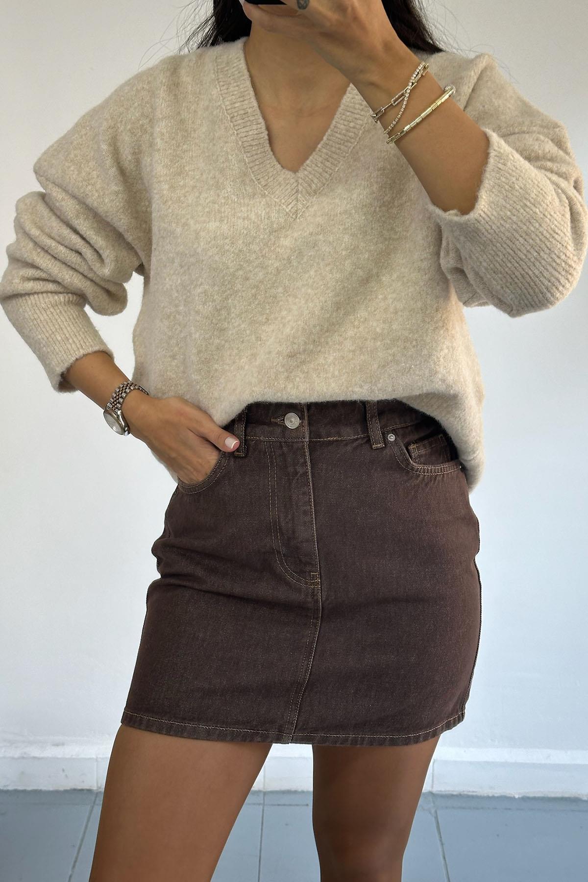 Denim Mini Kahve Etek