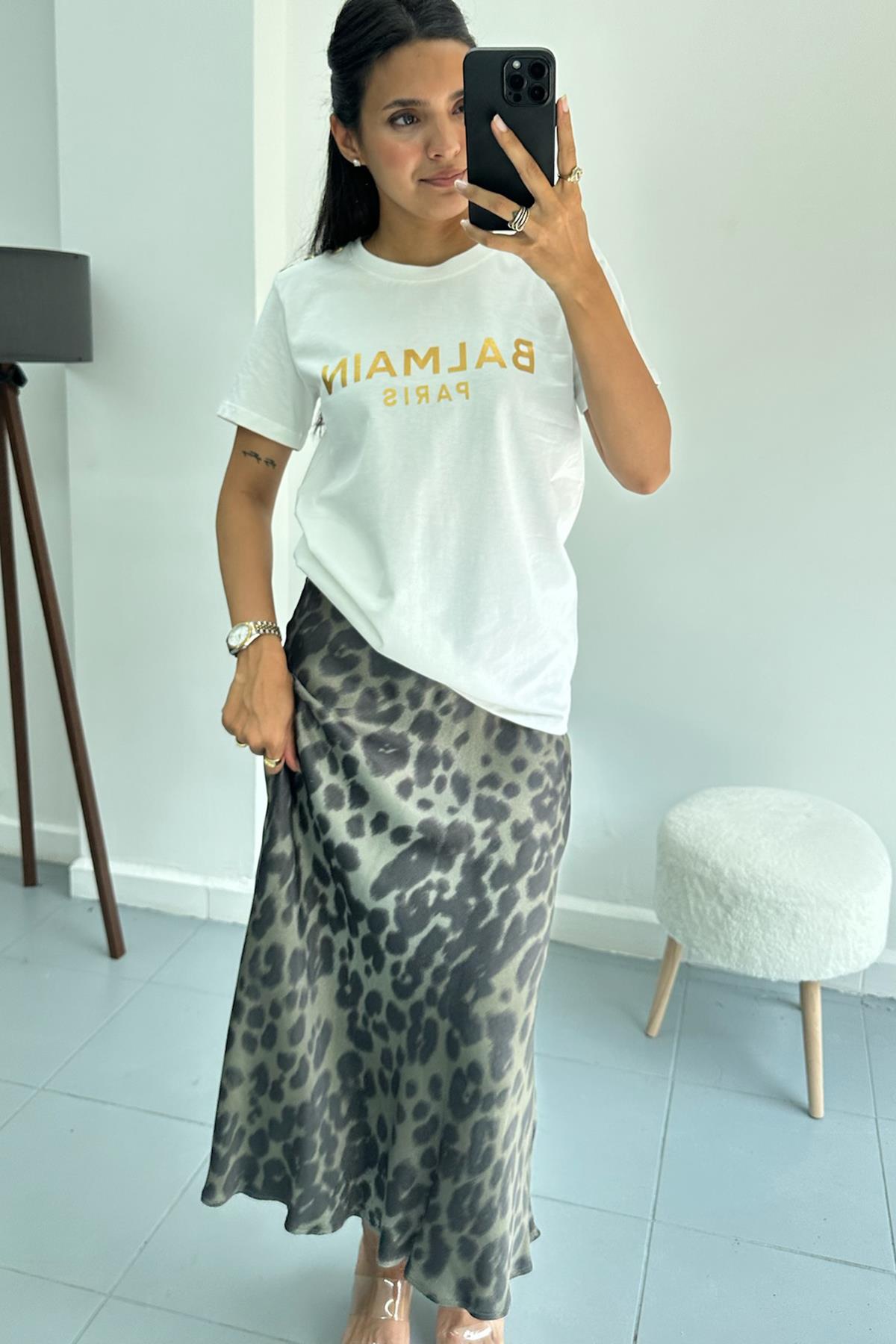 Haki Desenli Saten Etek