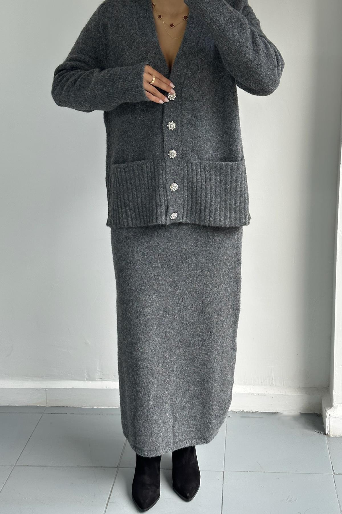 Koyu Füme Beli Lastikli Triko Etek