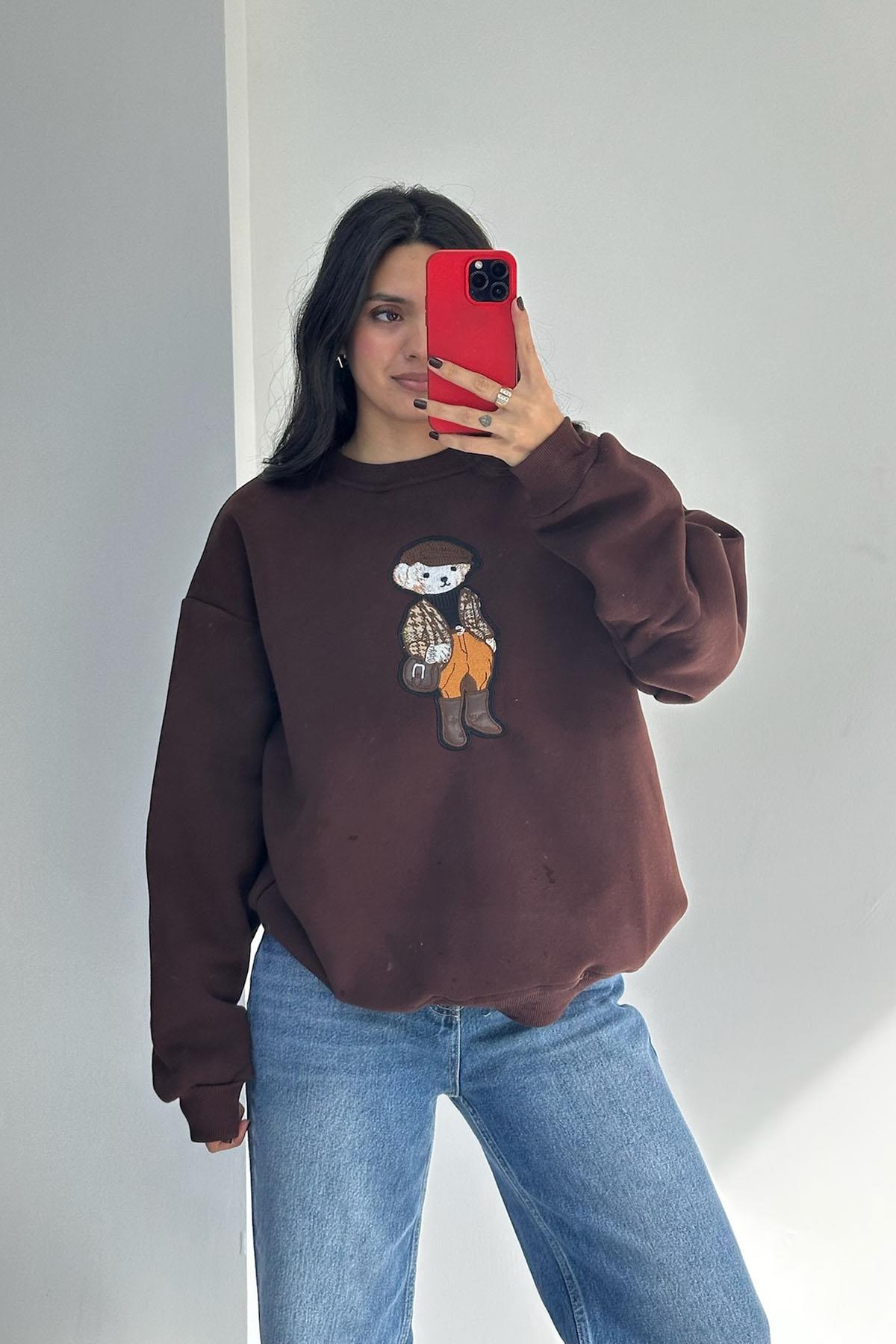 Ayıcıklı Nakışlı Kahverengi Sweatshirt