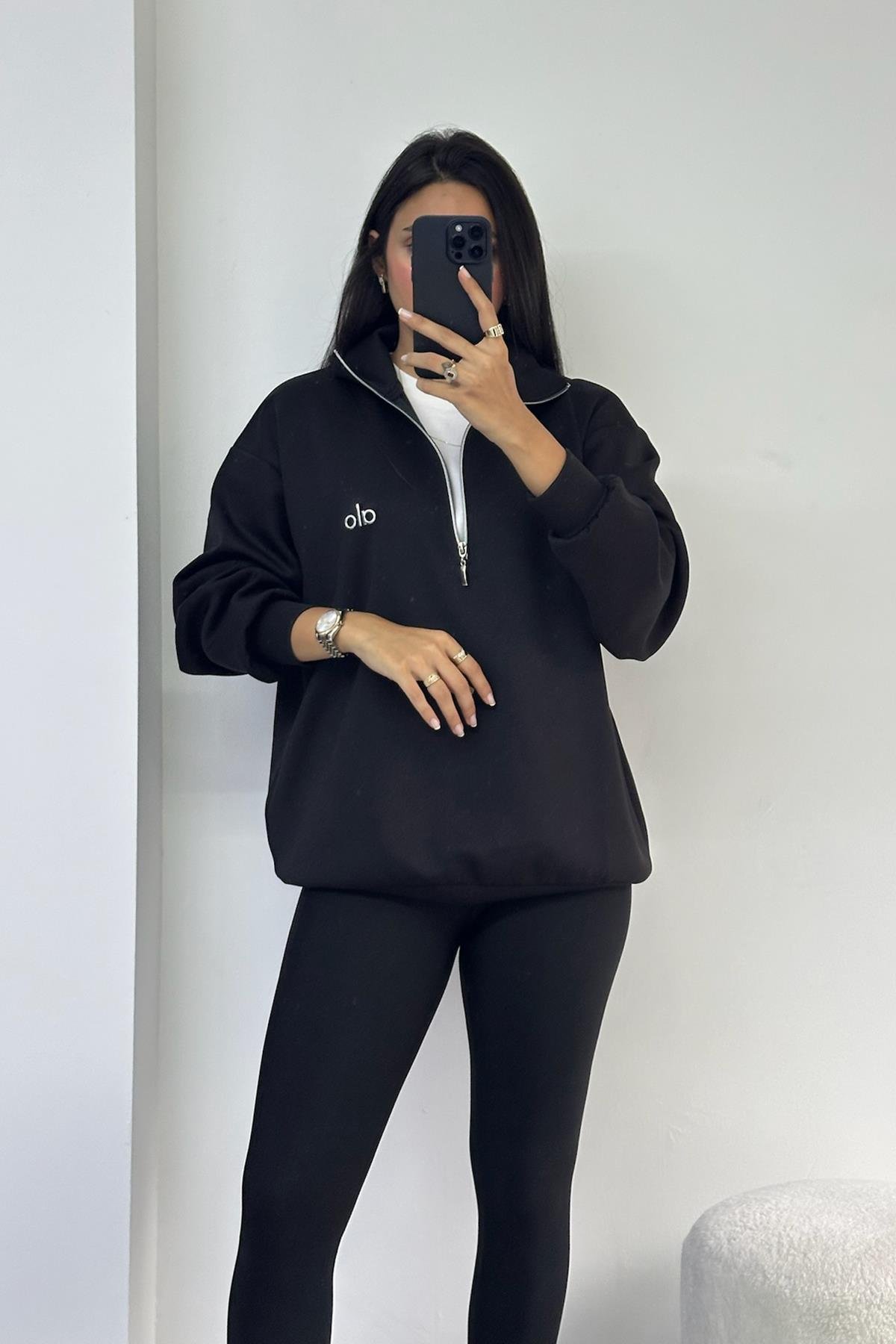 Enjeksiyon Baskılı Fermuarlı Scuba Siyah Sweatshirt