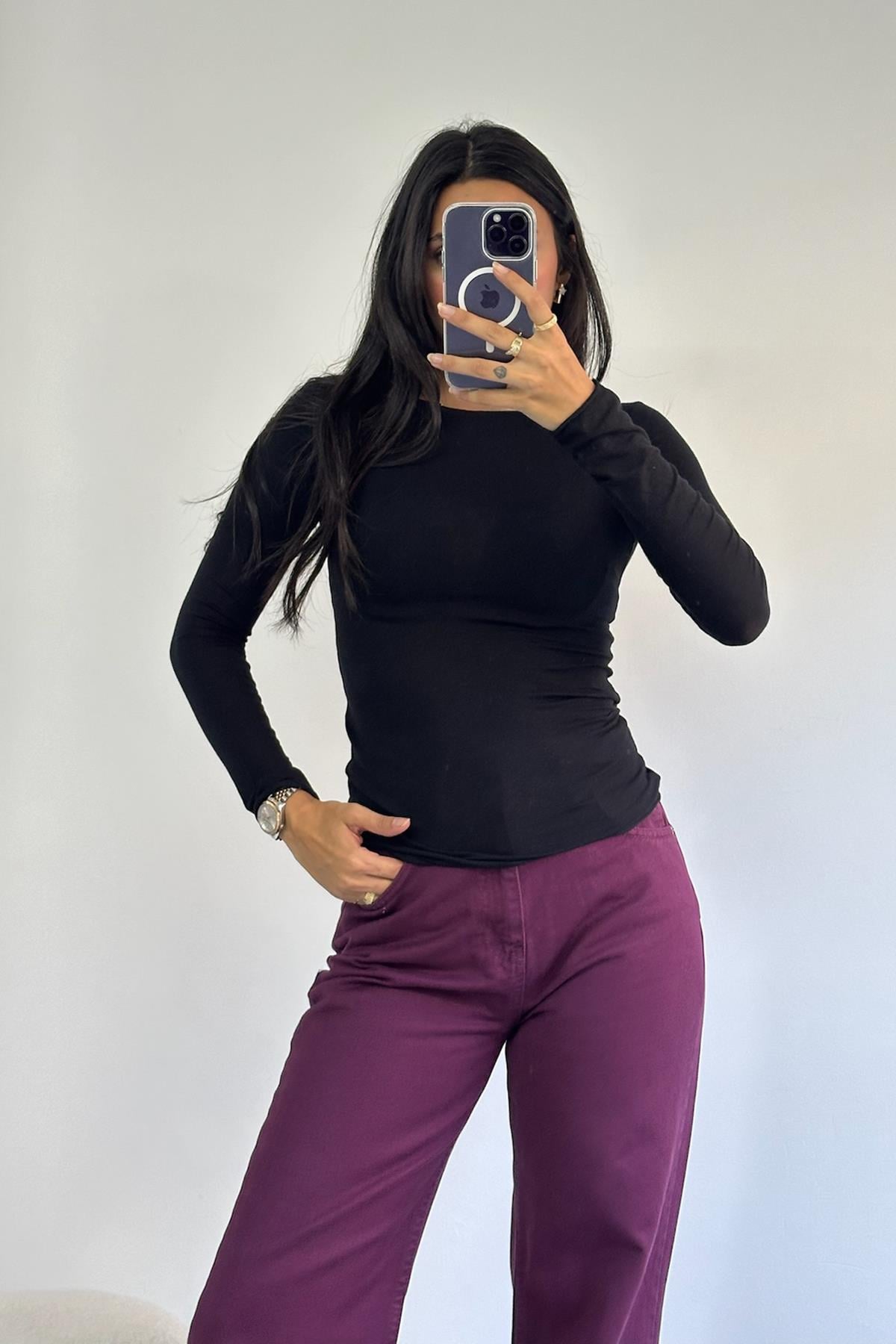 Kayık Yaka Modal Siyah Kaşmir Ultra Hafif Bluz