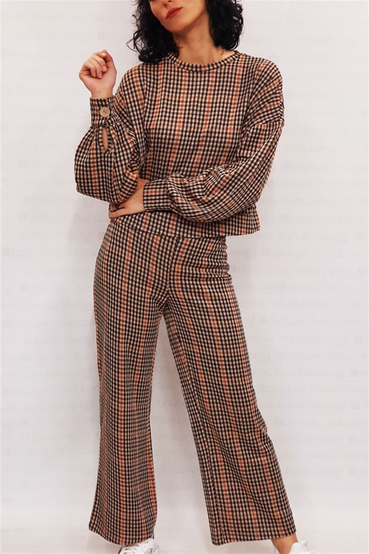 Ekose Balon Kol Bluz Pantalon Takım