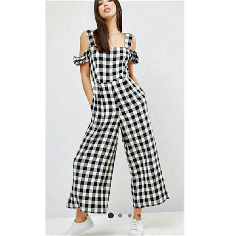 Ekoseli Düşük Omuz Tulum