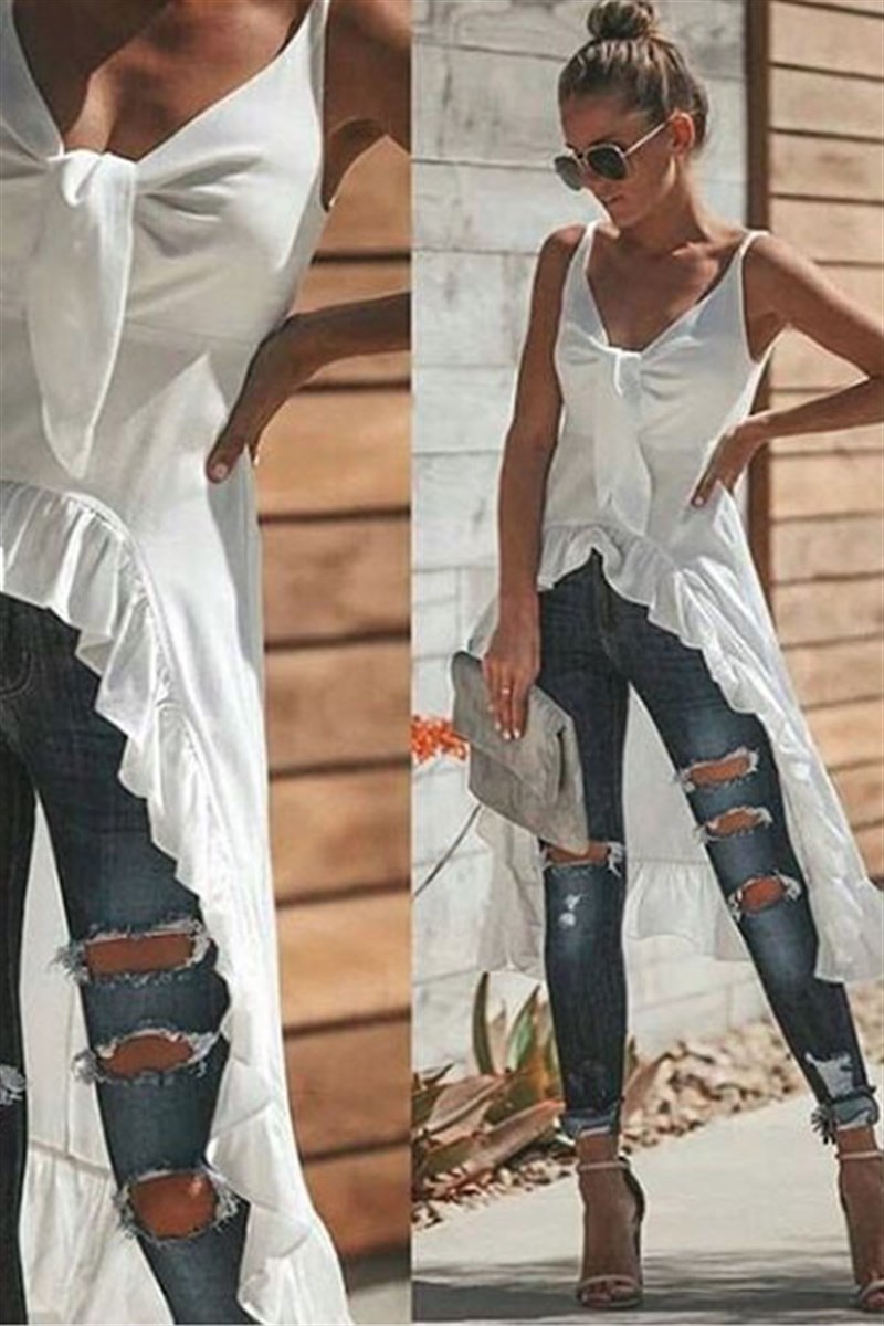 Eteği Fırfır Askılı Asimetrik Bluz