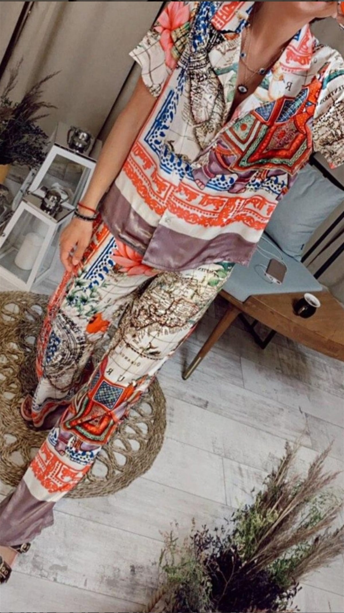 Etnik Desen Bluz Pantolon Takım