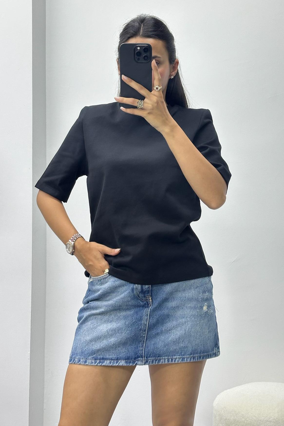 Vatkalı Kısa Kol Siyah Basic Tshirt