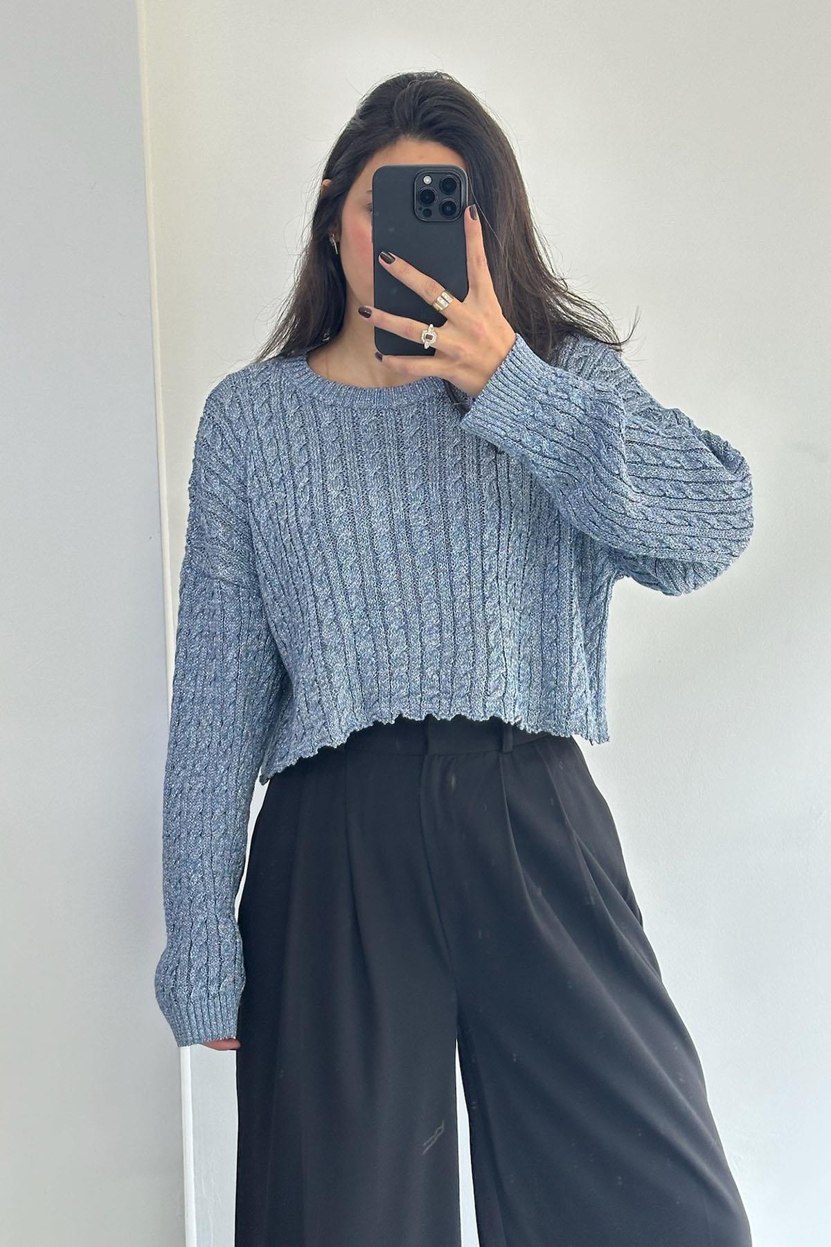 Saç Örgü İndigo Simli Mini Kazak