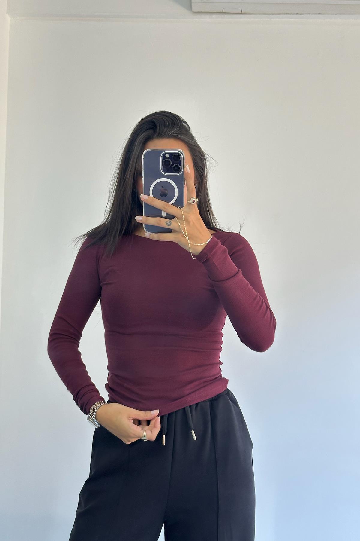 Kayık Yaka Uzun Kollu Bordo Top