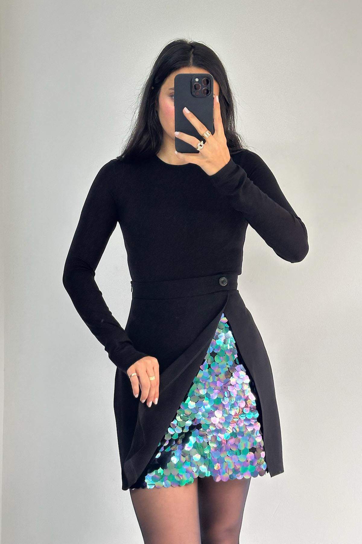 Payet Detay Siyah Mini Etek