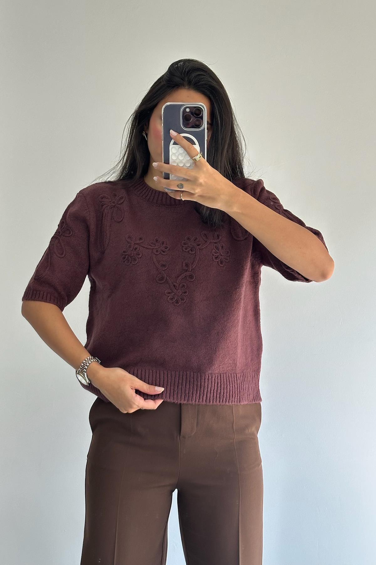 Kısa Kol Süzene Bordo Kazak