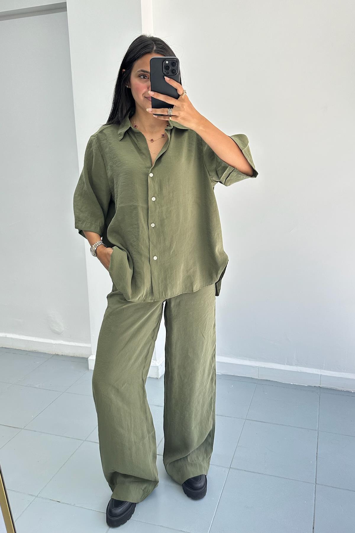 Kısa Kol Haki Pantolon Gömlek Takım