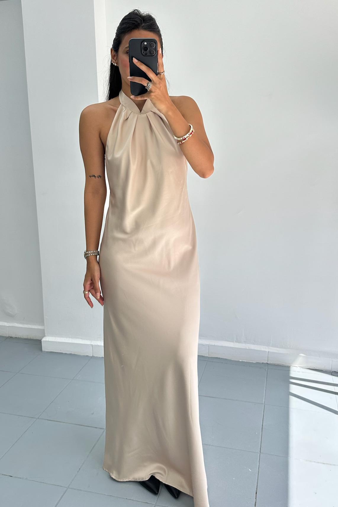 Sırt Detay Saten Maxi Taş Elbise