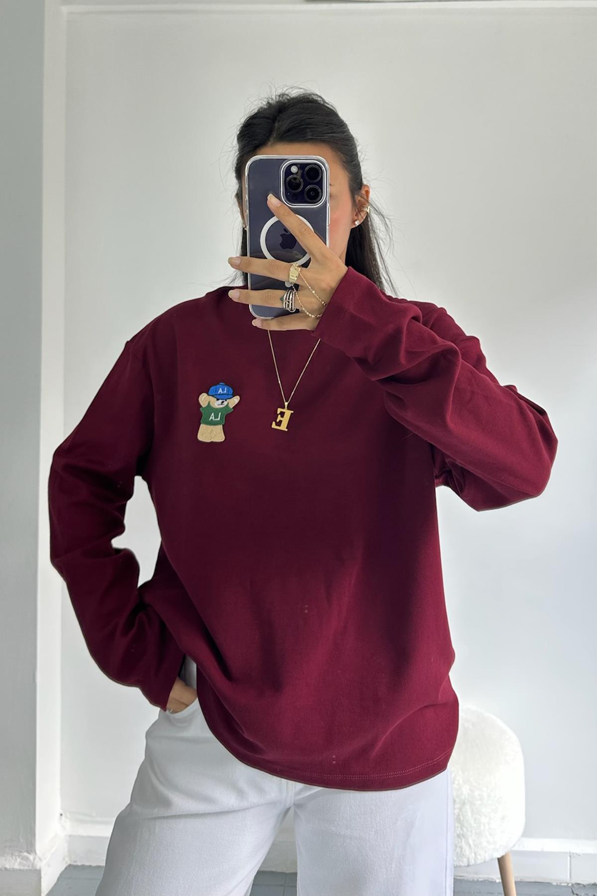 Ayıcık Nakışlı Bordo Uzun Kol Tshirt