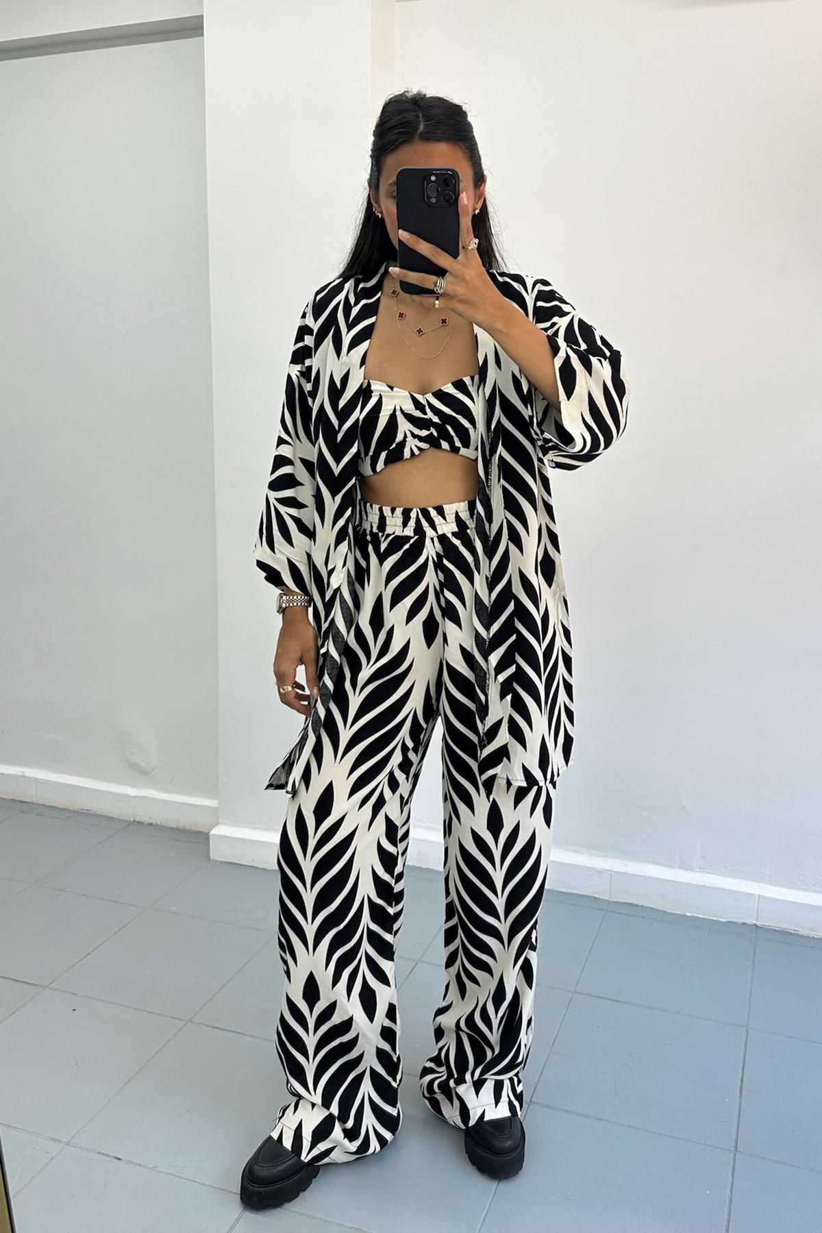 Siyah Beyaz Desenli Kimono Takım