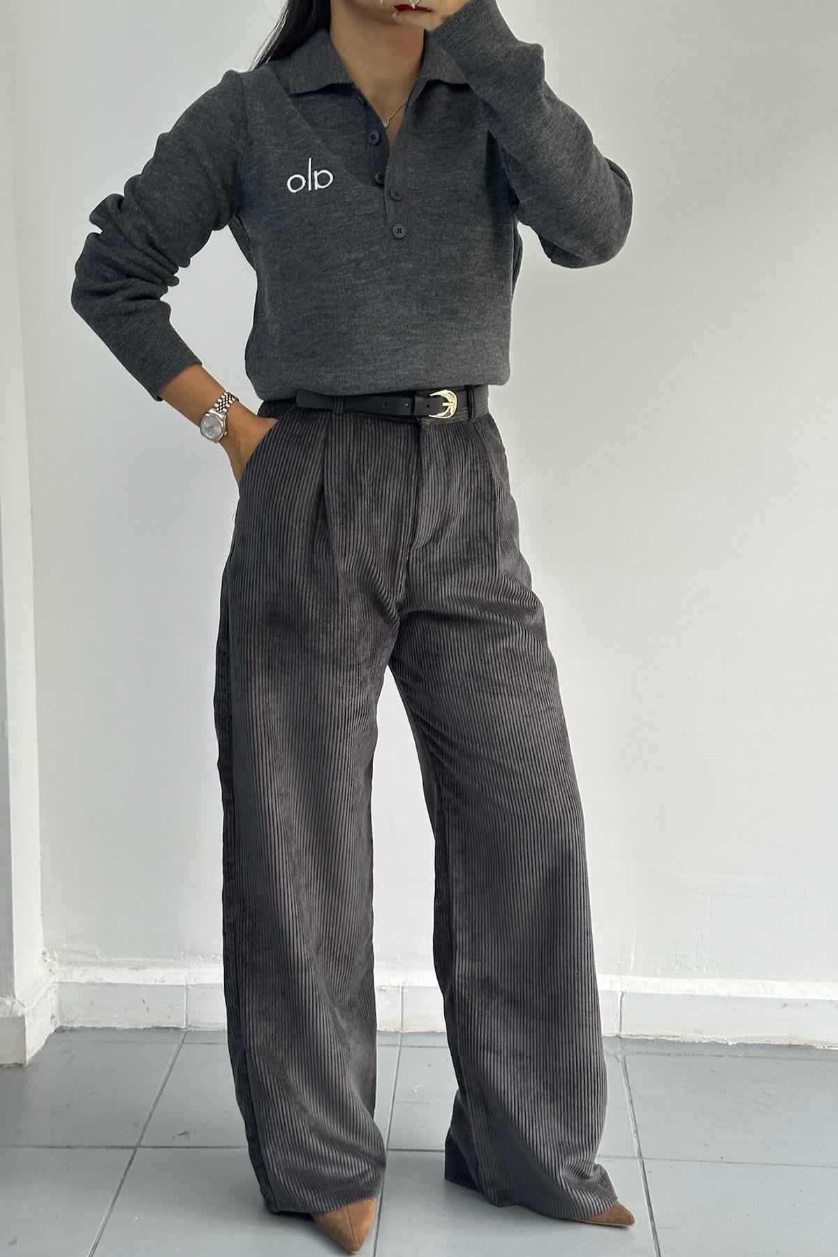 Kemerli Kadife Bol Paça Antrasit Pantolon