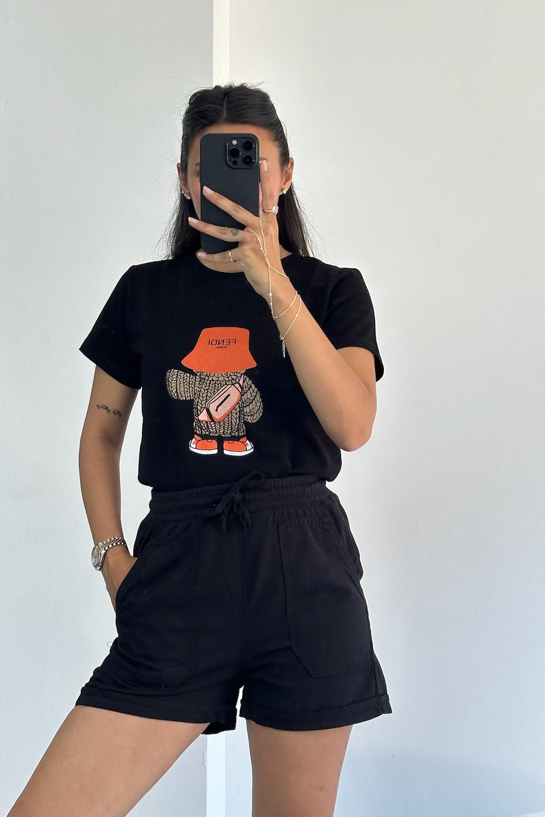 Beli Lastikli Gabardin Siyah Şort