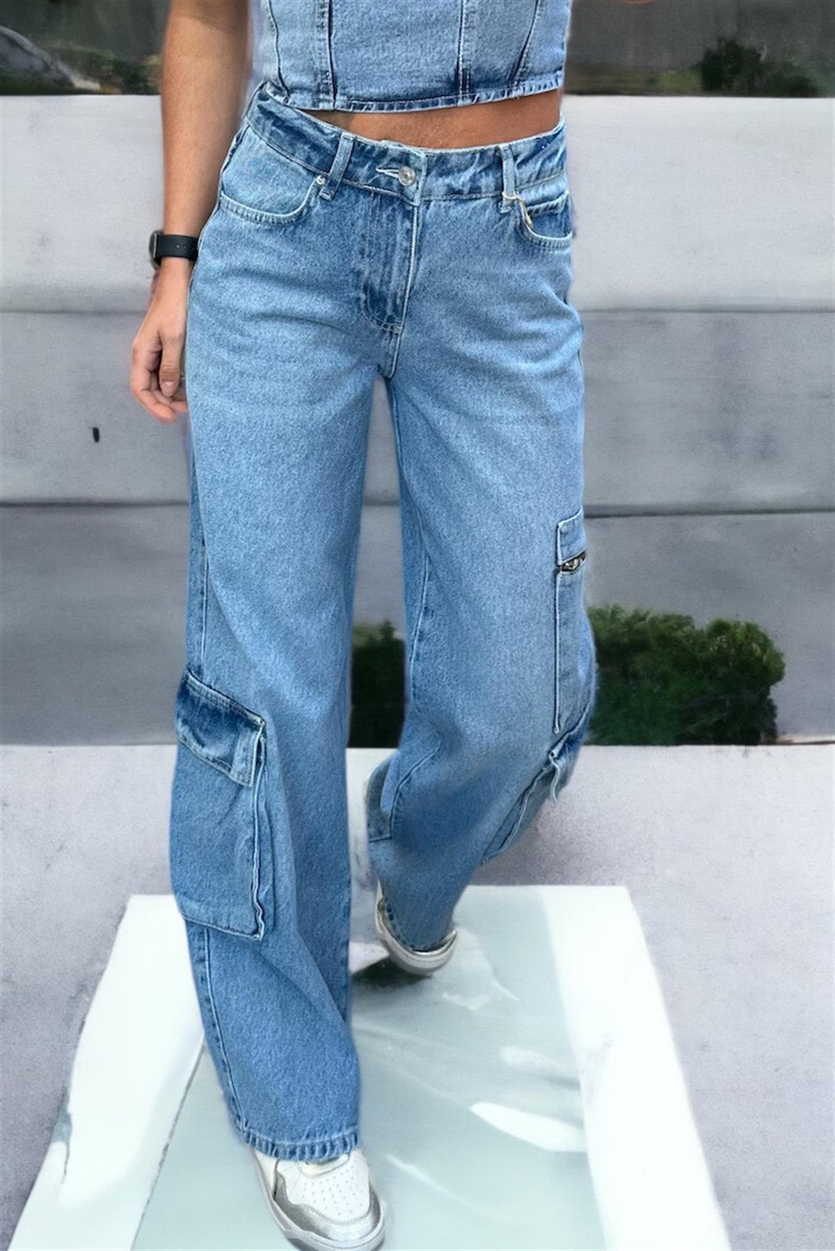 Fermuar Detaylı Denim KargoJEAN
