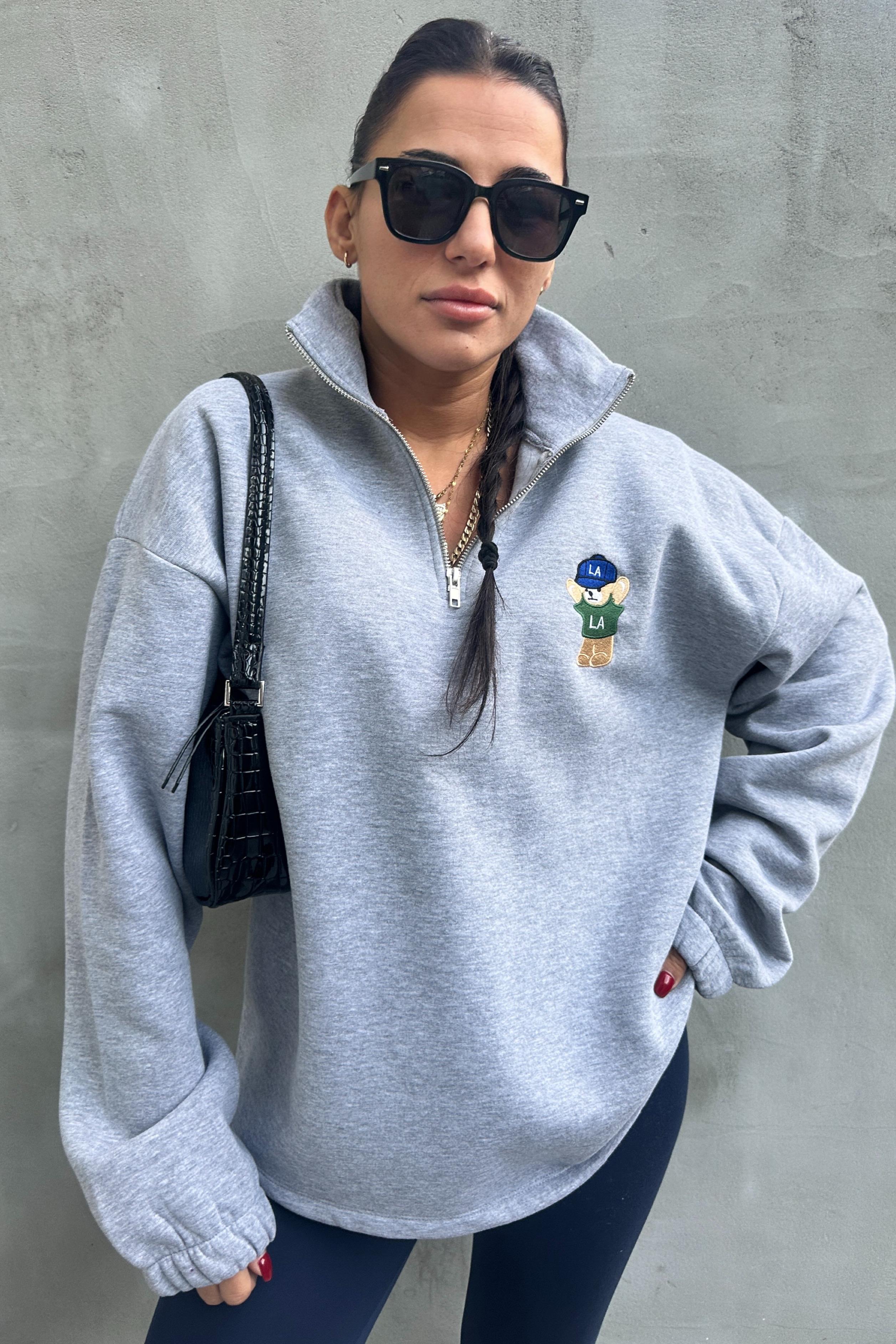 Fermuarlı Ayıcıklı Gri SweatshirtSWEATSHİRT