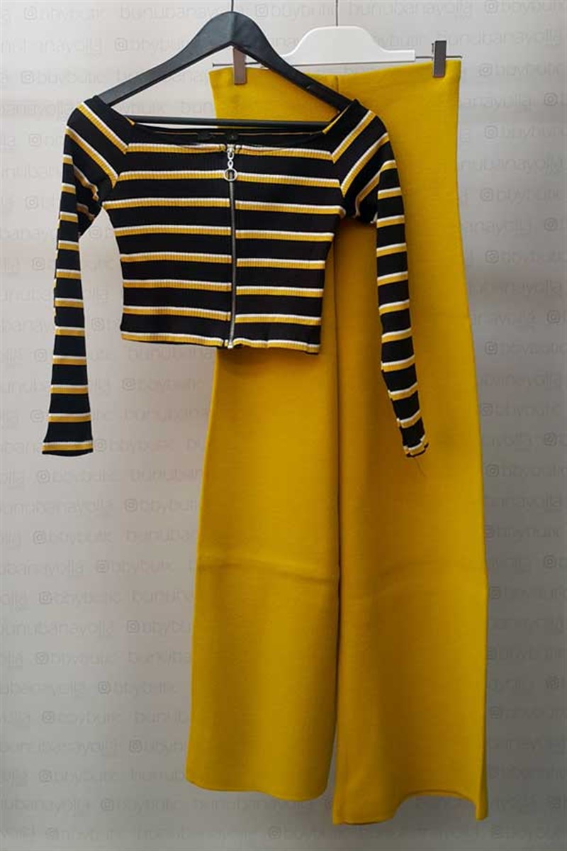 Fermuarlı Çizgili Crop Bluz